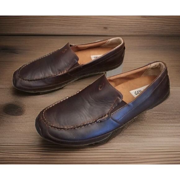 OluKai Loafers Brown Leather Akepa Moc Moccasin Slip On Driving Shoe Mens 10.5 main image 9